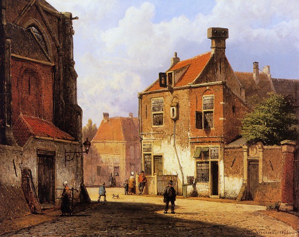 Walking on the street near church by Willem Koekkoek